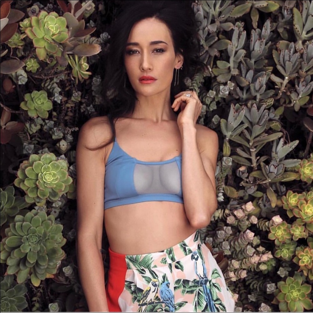 Maggie Q wearing Alina Petra sports mesh two piece